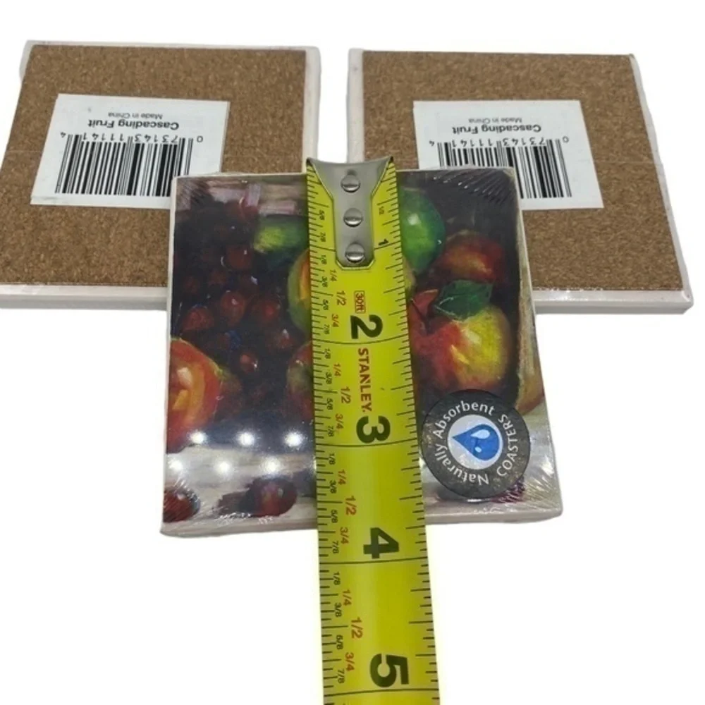 Coaster Absorbent With Natural Cork Back of Apples and Grapes Set of 3